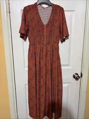 Rust-Orange Floral Midi Dress with Navy flower design